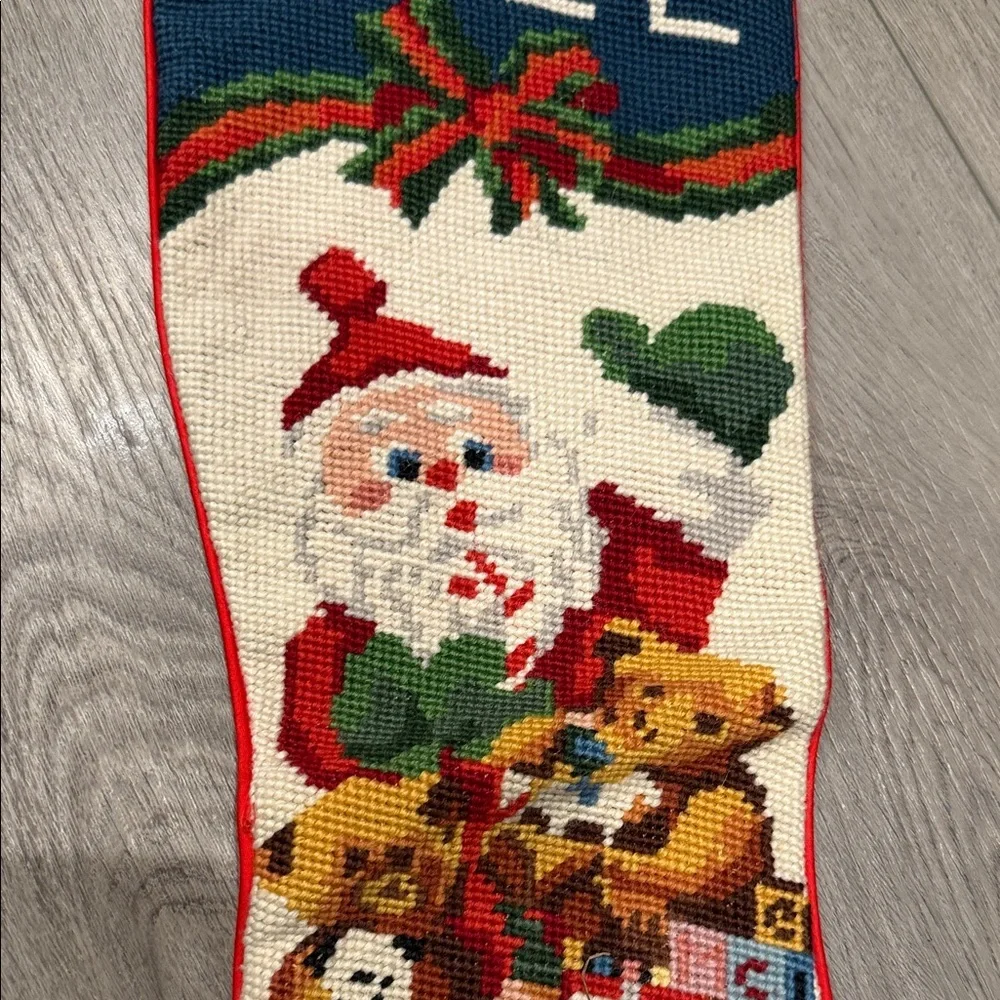Vintage Noel Hand Cross Stitched Stocking with Santa and Gifts